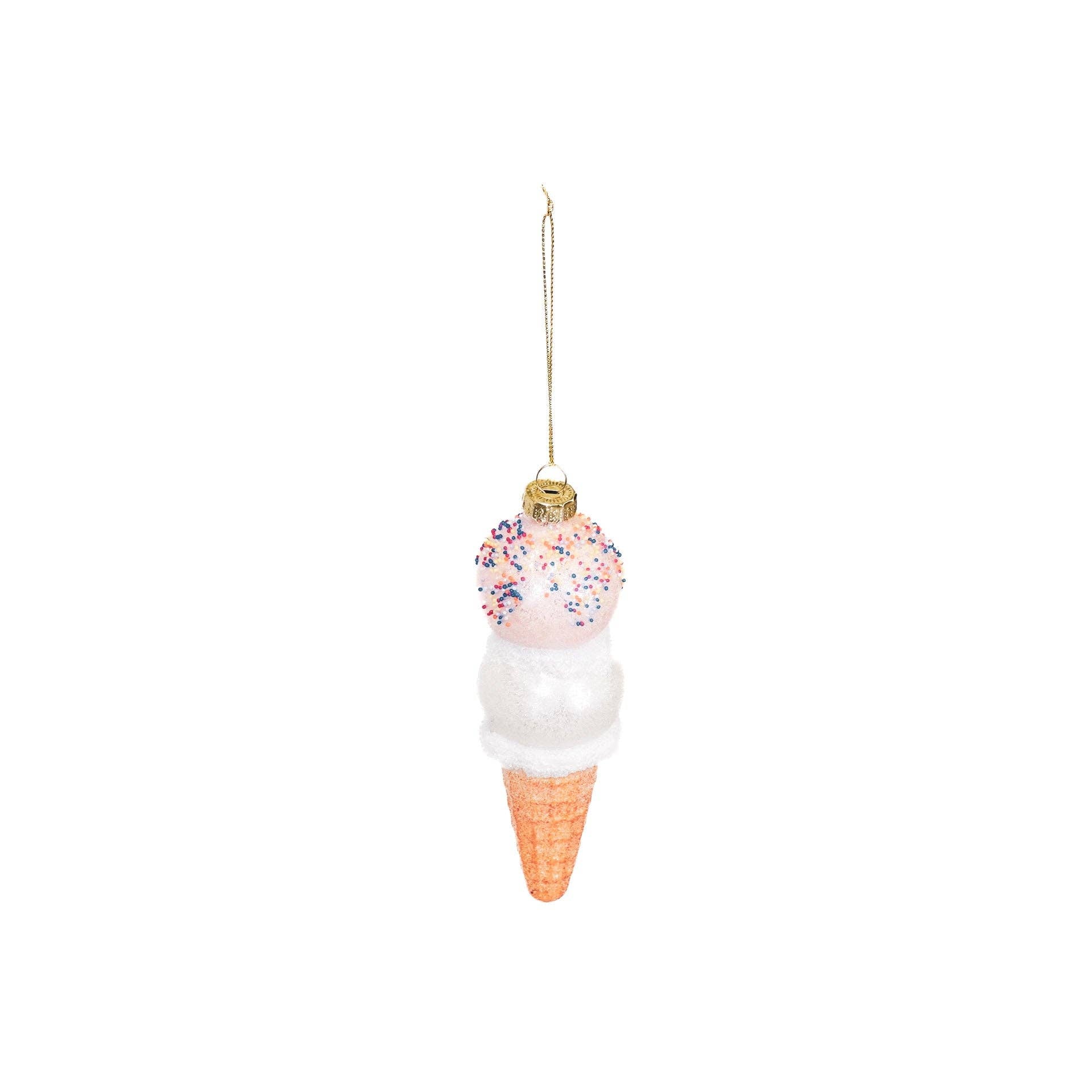Kersthanger ijsje van glas - roze/wit - 5x15 cm